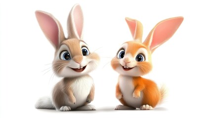 Two cute cartoon bunnies, light brown and orange, interacting