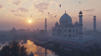 Majestic Taj Mahal Sunrise Scenic View India Architecture Sky Dawn Asia Agra Calm Dome Pink River   