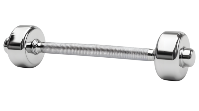 A sleek metallic dumbbell with a textured grip for strength training and fitness exercises