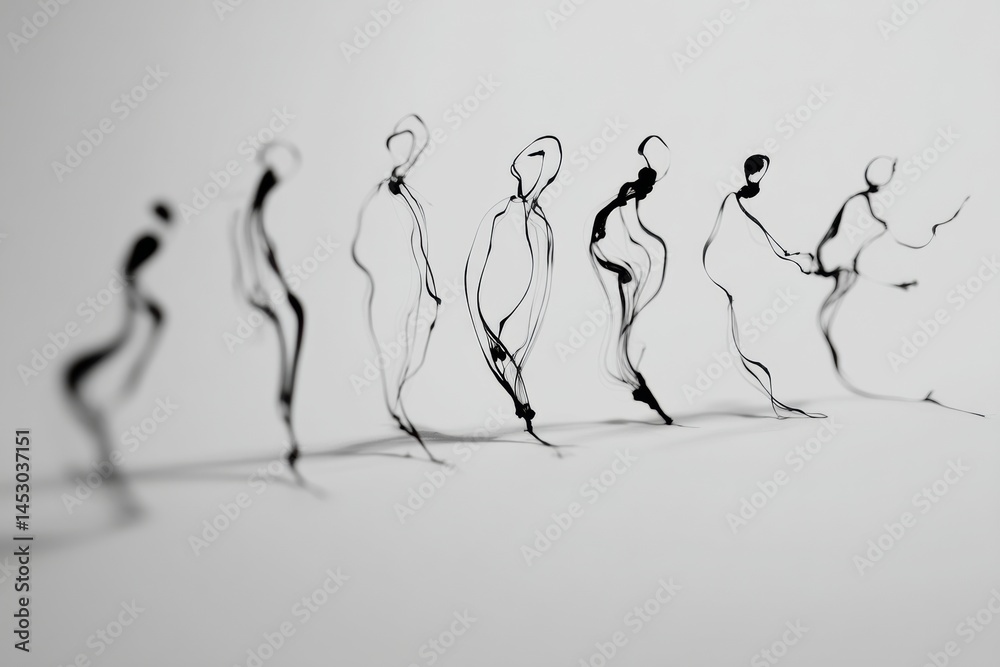 Aufkleber Flowing Ink Lines Create Minimal Human Figures in Abstract Formation, Showcasing Movement and Expression Through Simplicity Generative AI