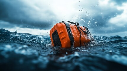 An orange survival case floats in rough ocean waters under dark clouds, symbolizing safety and resilience in the face of nature's unpredictable challenges.