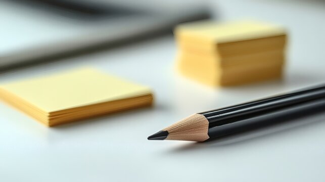 Sharp black pencil beside two stacks of pale yellow adhesive notes on a plain surface. on a transparent background, PNG image, PNG file.