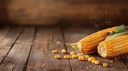 An enchanting image of golden corn ears resting on a rustic wooden surface, highlighting their textures and freshness with scattered corn kernels for added depth.