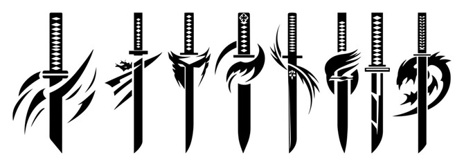japanese katana sword vector set with tribal design elements in black and white
