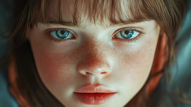 Close-up portrait of a young girl with freckles, smiling and looking directly at the camera