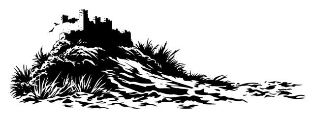 medieval castle on hilltop in vintage black and white style