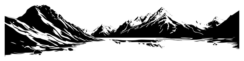 mountain landscape with lake in vintage engraving style