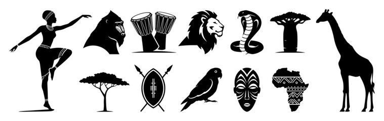 set of african culture and wildlife icons silhouette