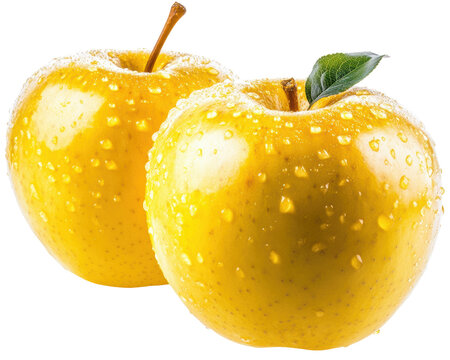 Fresh Yellow Apples Covered in Water Droplets on White Background