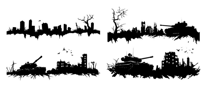 set of war-torn cityscapes with tanks and destroyed buildings silhouette