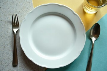 Close-up of empty plate, fork, and glass of water , endurance, body