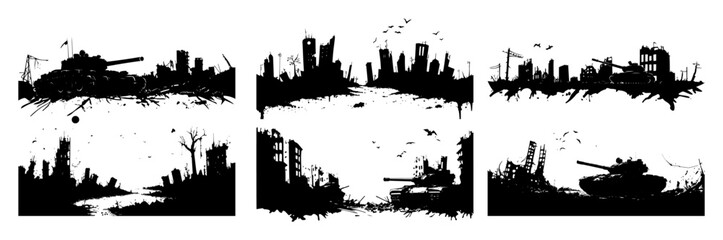 Obraz premium collection of destroyed cityscapes with tanks and ruins silhouette