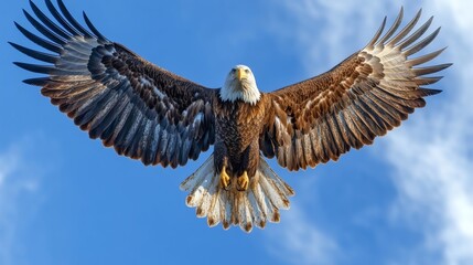 Majestic bald eagle soars gracefully through the expanse of the blue sky, wings fully extended in flight, feathers detailed, on a transparent background, PNG image, PNG file.