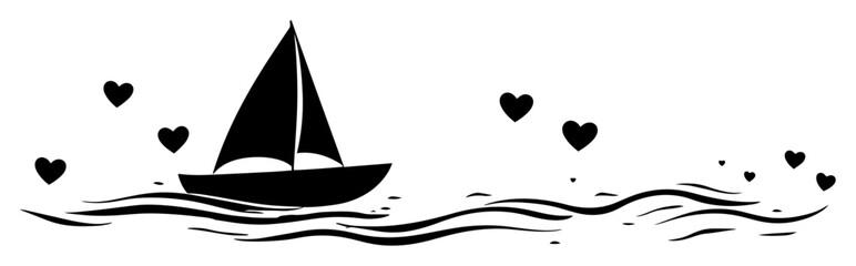 romantic sailboat on water with hearts silhouette