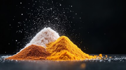 This striking image showcases piles of colorful spices against a black background, their vibrant hues and textures highlighted by soft, diffused lighting.