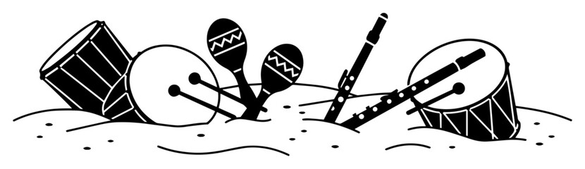 silhouette of musical instruments including drums, maracas and flutes