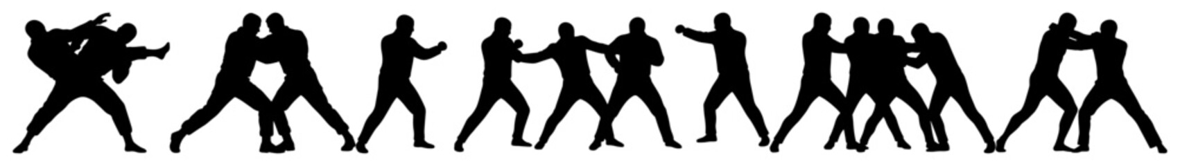 self defense and combat training poses in silhouette sequence