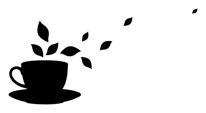 black teacup with leaves on white background clip art preview