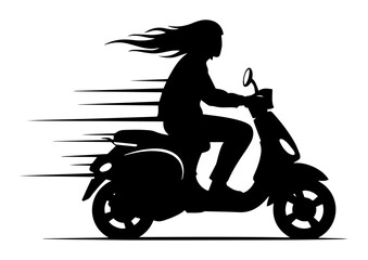 woman riding scooter with speed lines silhouette vector engraving shape © Camel