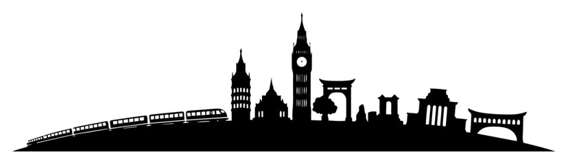 Fototapeta premium world landmarks skyline with train silhouette vector engraving shape