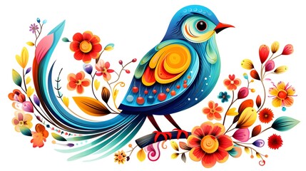 Obraz premium Colorful Bird with Floral Pattern on White Background for Nature-themed Designs