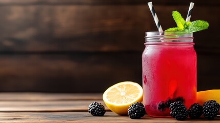 A colorful drink made with lemonade and blackberries served in a jar, representing a refreshing summer treat, perfect for hot days and inviting gatherings with friends.