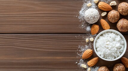 An assortment of nuts and dessert balls on a rustic wooden surface, showcasing a delightful arrangement perfect for food photography and culinary delights.