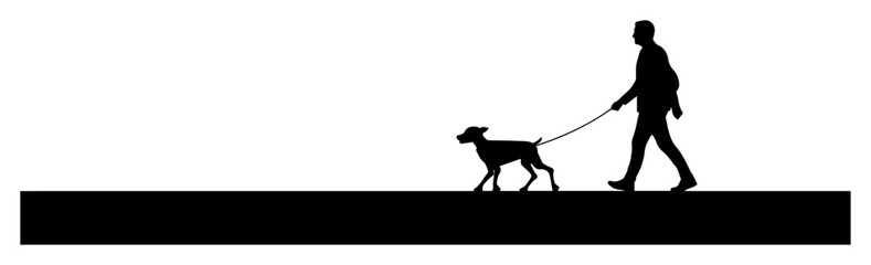 man walking dog silhouette on sidewalk