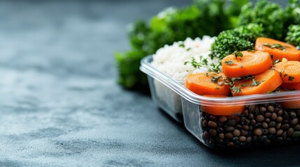 A fresh meal featuring vibrant vegetables and rice in a takeout box, highlighting health, nutrition, and convenience in modern lifestyle choices with colorful presentation.