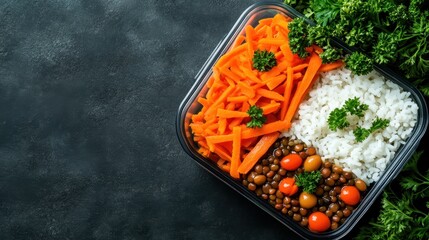 This vibrant meal showcases a mix of shredded carrots, fluffy rice, and delicious lentils, providing a visually appealing and nutritious option for healthy eating.