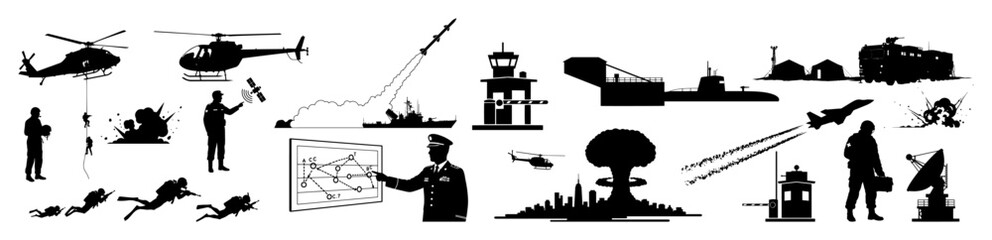 military operations and equipment icons collection in silhouette style © Camel