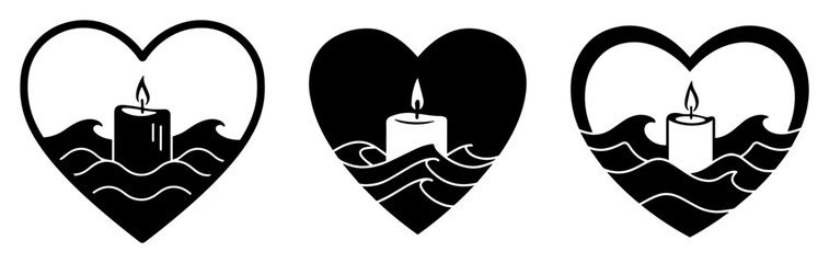 heart shaped candle on waves icons symbolizing memory and love