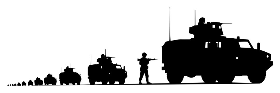 military convoy with armored vehicles and soldier silhouette scene