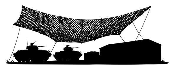 military vehicles under camouflage net silhouette © Camel
