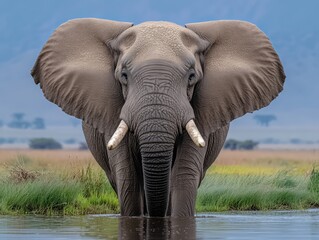 Fototapeta premium Majestic elephant wading in shallow water, facing the viewer.