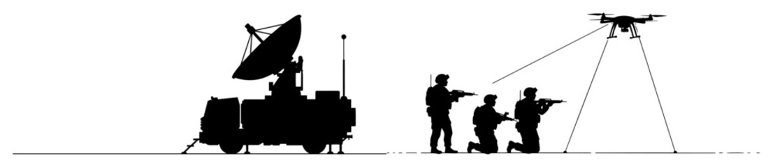 military team operating drone with communication vehicle silhouette vector engraving