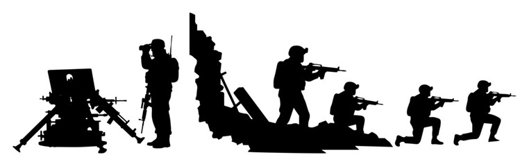 soldiers with weapons and mortar in battle formation silhouette vector shape laser cutting