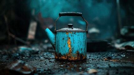 A distressed blue kettle, worn and rustic, stands amidst a dark, moody environment, evoking feelings of nostalgia and the passage of time in forgotten places.