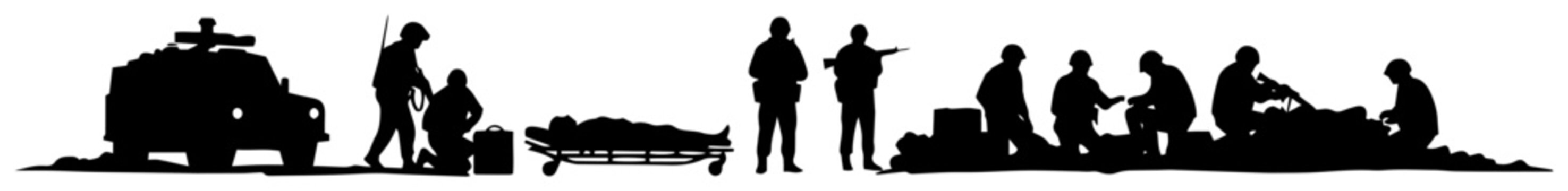 military medical team helping wounded soldiers silhouette vector black shape
