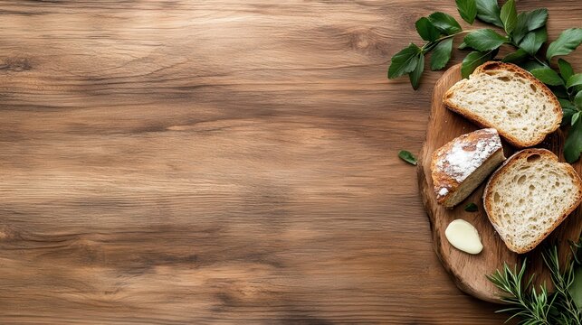 This image showcases artisanal bread slices placed on a wooden board, accompanied by fresh herbs and garlic, emphasizing their wholesome quality and inviting rustic charm for culinary settings.