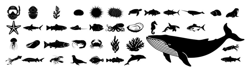 ocean animals and sea life silhouettes icons collection vector black shape © Camel