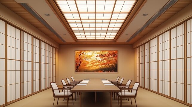 Japanese-style meeting room with autumnal artwork