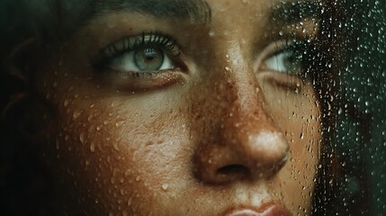 Close-up of a woman looking out a rainy window