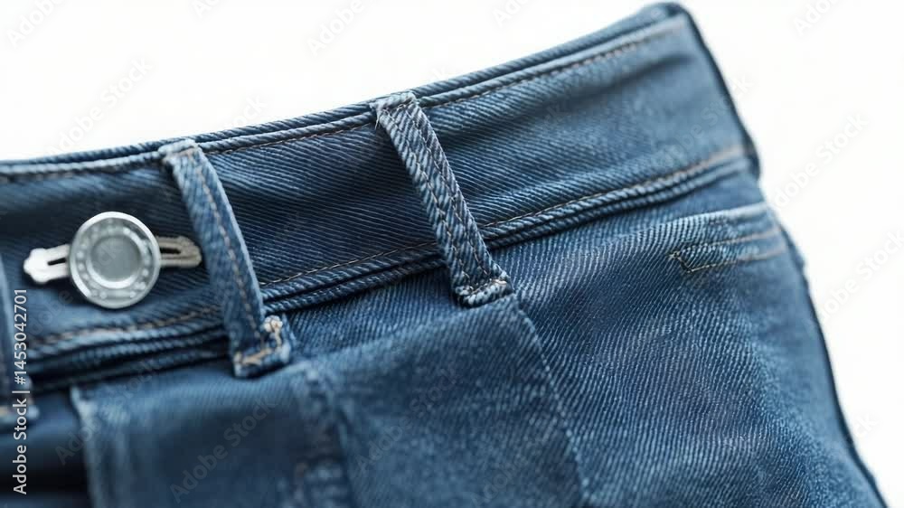 Poster a close-up view of a worn-out pair of blue jeans, suitable for use in editorial or advertising conte