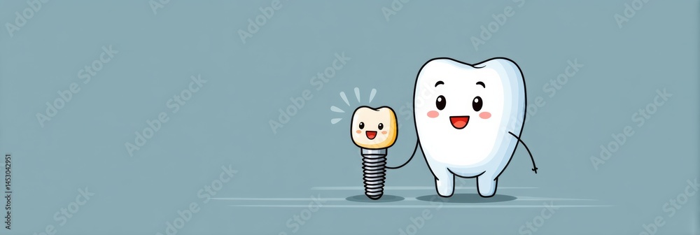 Poster cartoon tooth character joyfully interacts with tiny implant during a playful dental adventure gener