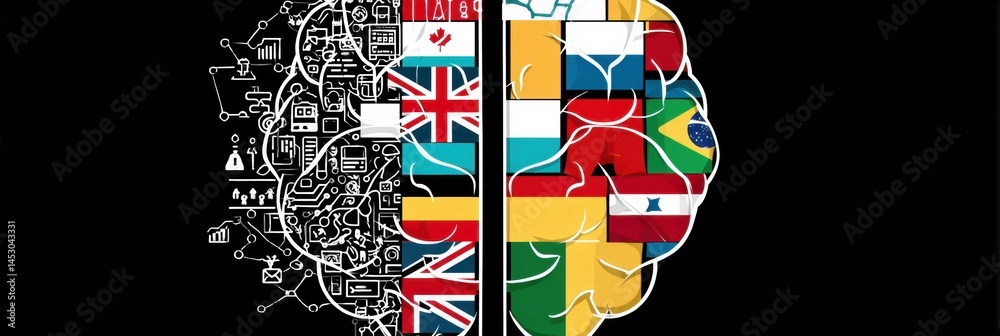 Aufkleber AI Brain Models Divided Into Competing Halves Featuring Various Country Logos Representing Global Perspectives on Technology and Innovation Generative AI