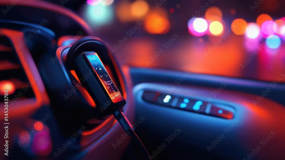 Poster a close-up shot of a car dashboard featuring a cell phone and other vehicle controls