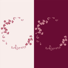 Two frames, sakura wreaths, cherry blossoms with flying petals in vector for design of postcards, stickers, posters. Pink and cherry wreath.
