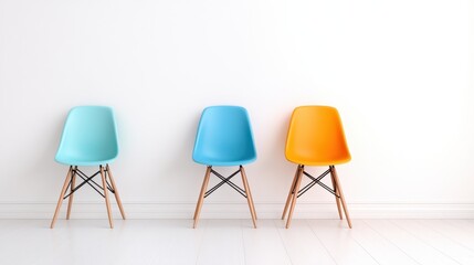 Three colorful chairs arranged creatively against a white wall, capturing a playful yet modern aesthetic that inspires vibrant and contemporary interior design ideals.