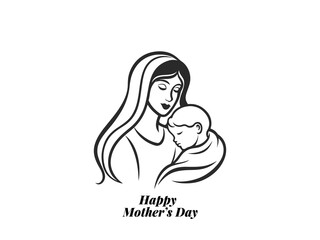 Happy Mother's Day Vector – Loving Mom Holding Baby Minimalist Line Art Illustration for Cards & Posters.
